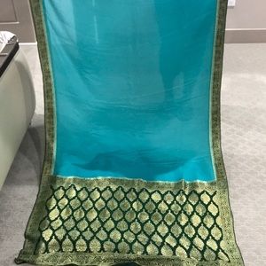 Blue and Green Chiffon Gold Print Saree